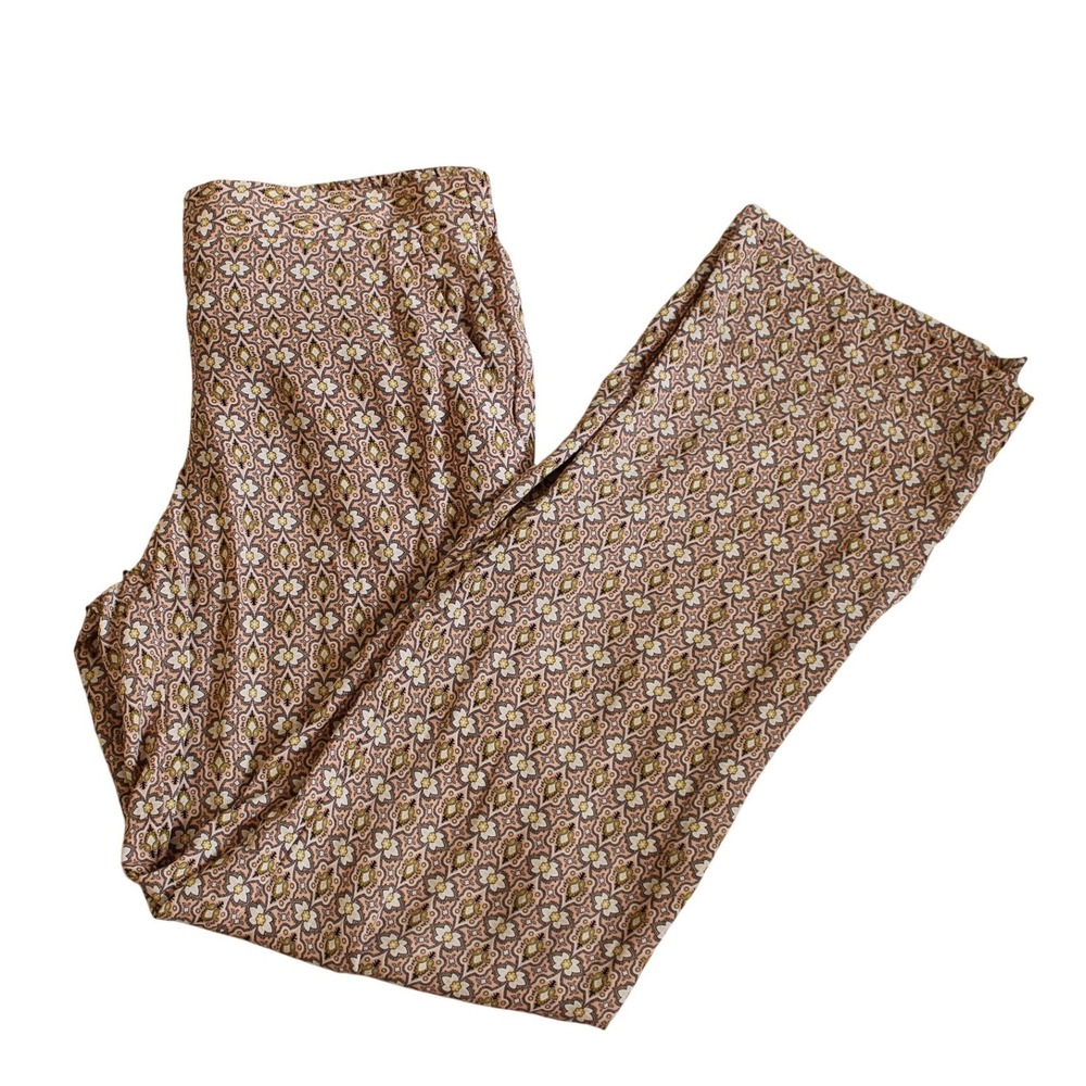 Theory Wide Leg Pants Women Large Tan Floral Geometric Print 100% Silk Excellent - Picture 2 of 3